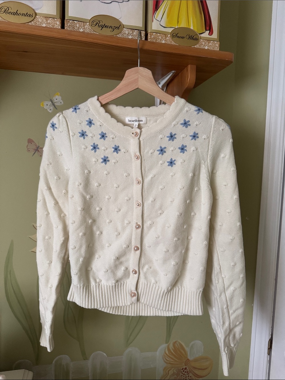 Cream Cardigan with Blue Floral Embroidery